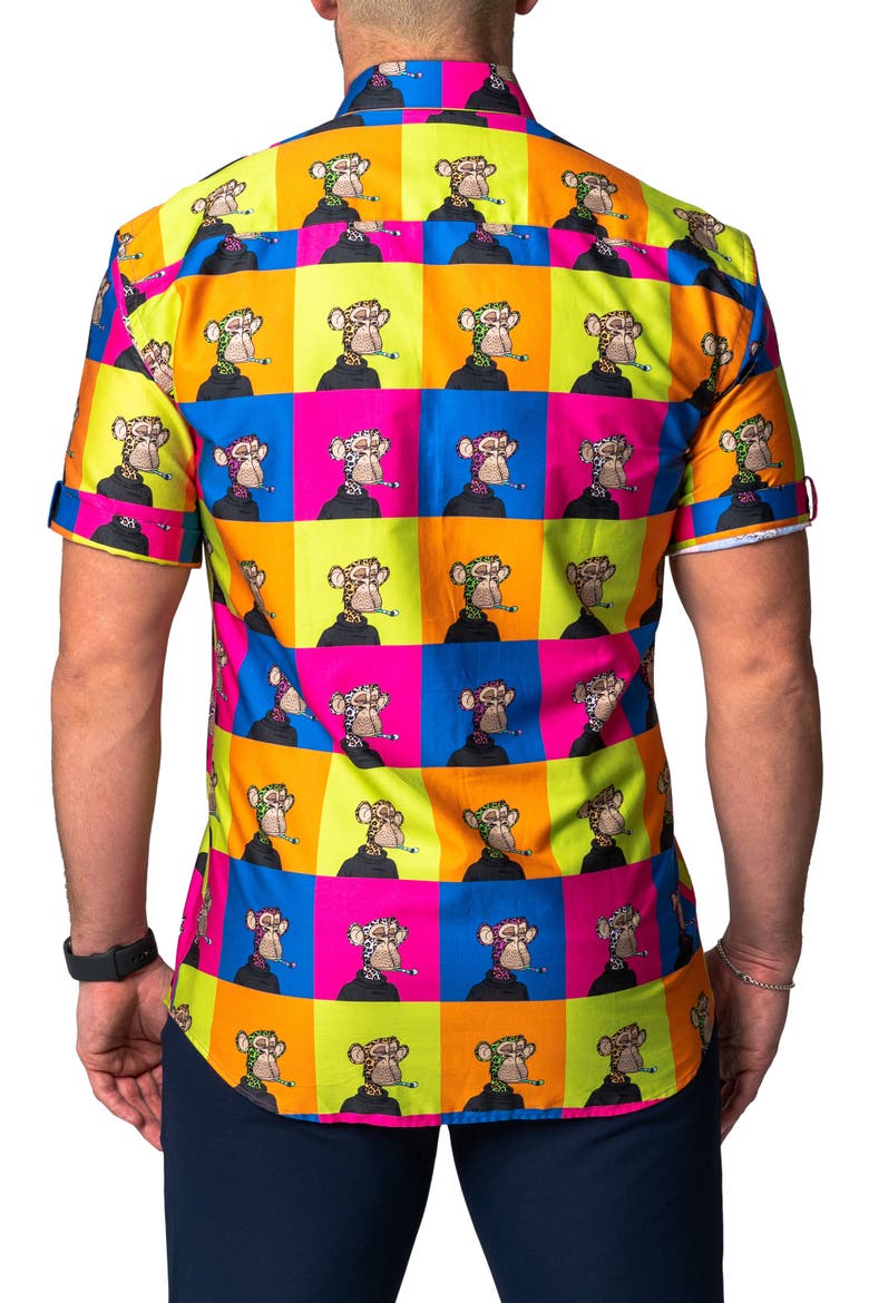 Galileo Ape Print Short Sleeve Cotton Button-Up Shirt, Alternate, color, YELLOW MULTI