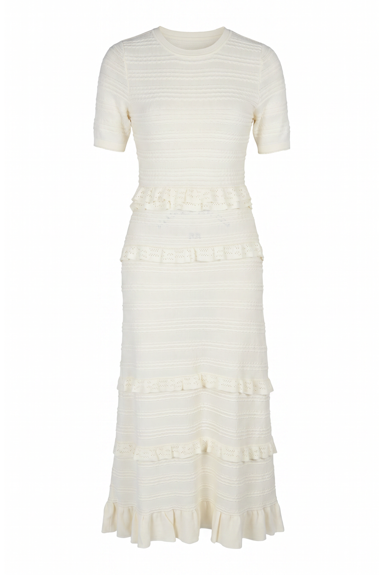 Textured Ruffle Trim Knit Midi Dress, Alternate, color, White
