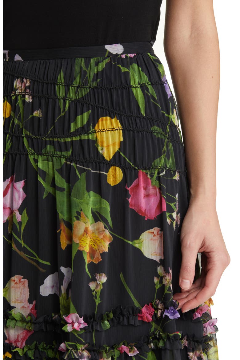 Thieaa Floral Ruffle Tiered Chiffon Skirt, Alternate, color, BLACK
