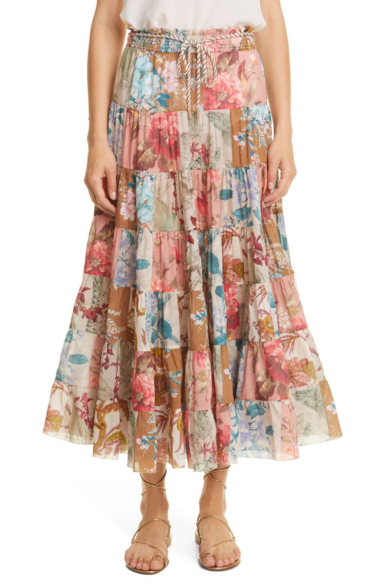 Zimmermann Cassia Patchwork Floral Cotton Midi Skirt, Main, color, 