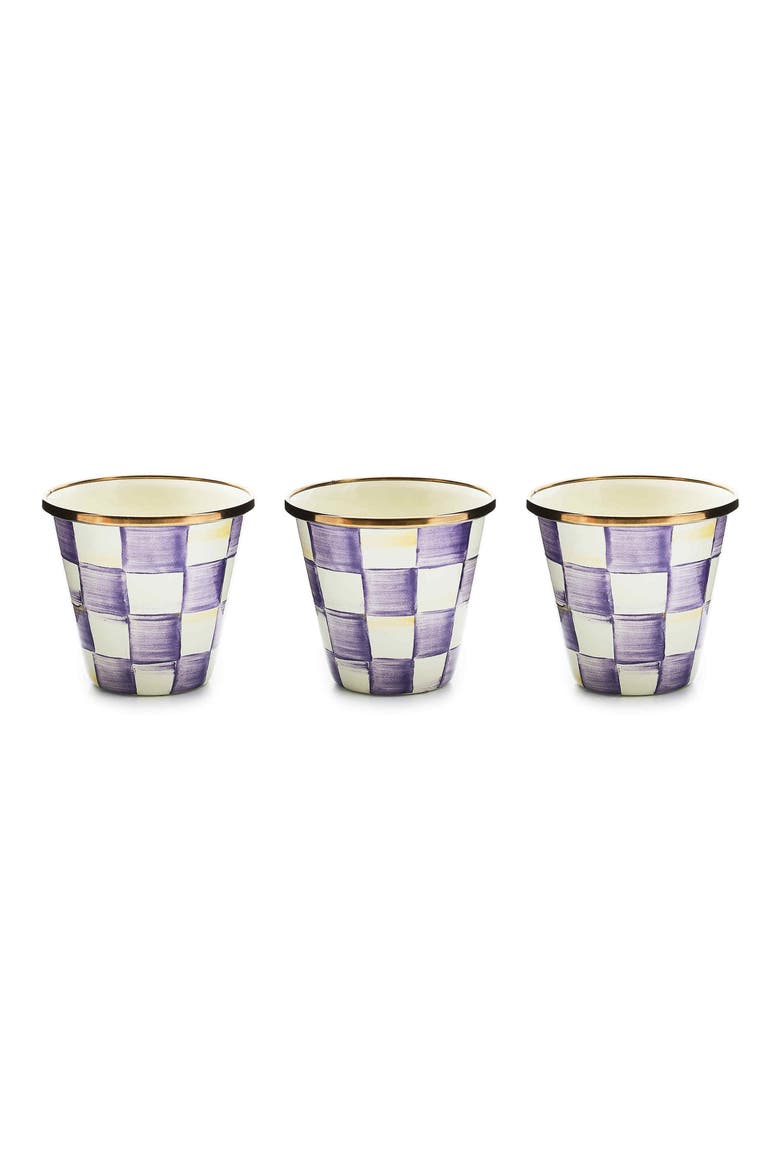 Violet Check Enameled Steel Set of 3 Herb Pots, Main, color, VIOLET