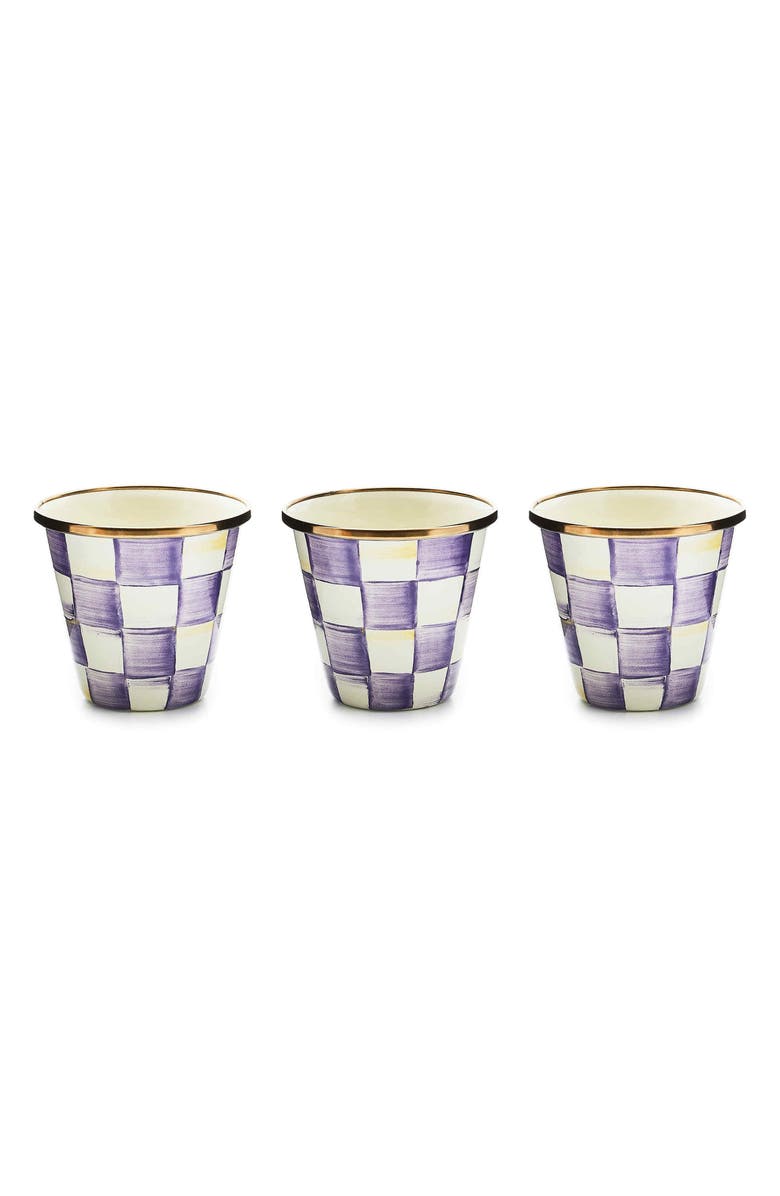 MACKENZIE CHILDS Violet Check Enameled Steel Set of 3 Herb Pots, Main, color, Violet