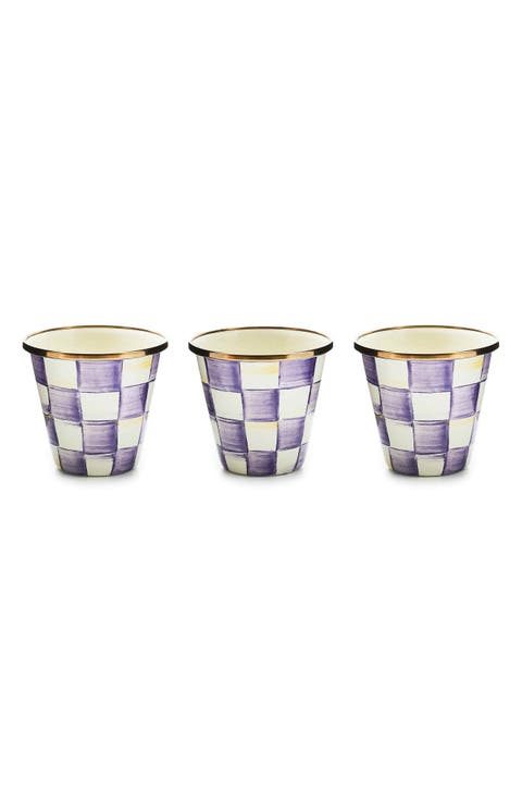 Violet Check Enameled Steel Set of 3 Herb Pots