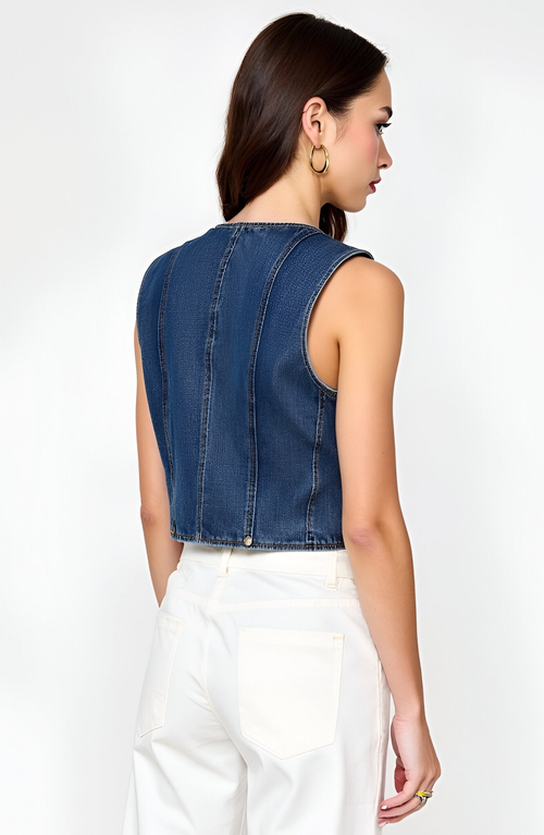 Modenaire Denim Vest With Front Buttons And Angled Hem Detail In Blue