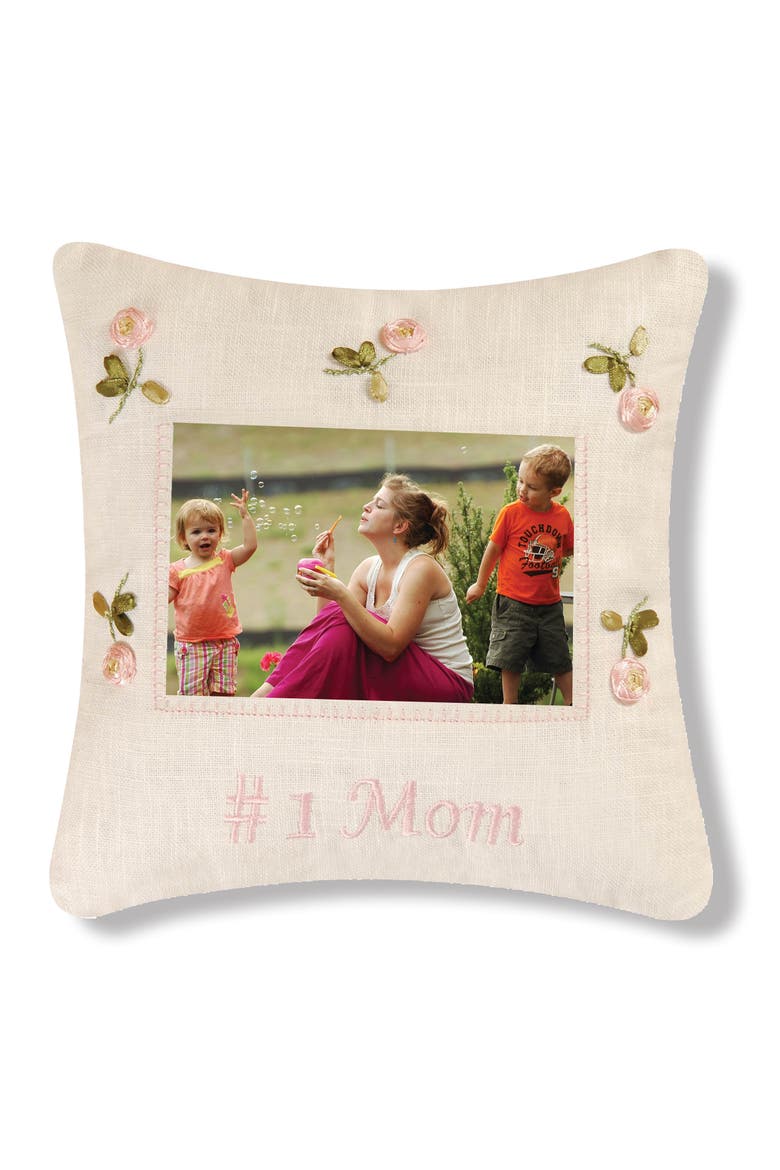 Number 1 Mom Embroidered Picture Small/Petite Accent Pillow, 10" x 10", Main, color, Beige