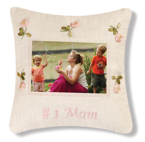 Number 1 Mom Embroidered Picture Small/Petite Accent Pillow, 10" x 10"
