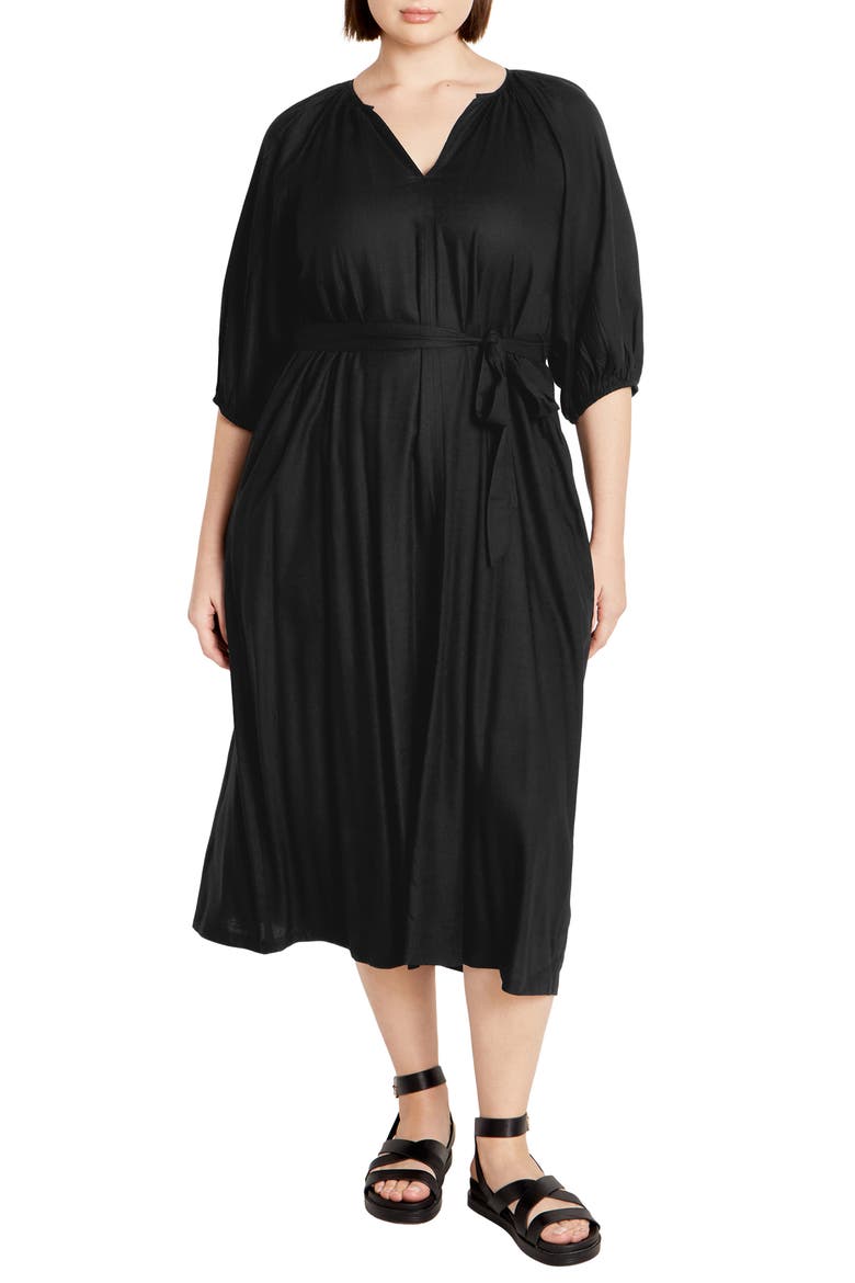 Davina Puff Sleeve Tie Waist Midi Dress, Main, color, BLACK