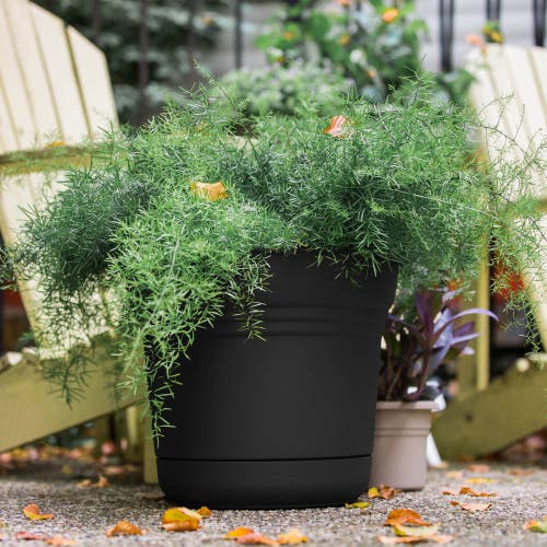 Bloem 12 Inch Saturn Round Planter With Saucer Tray, Black In Black