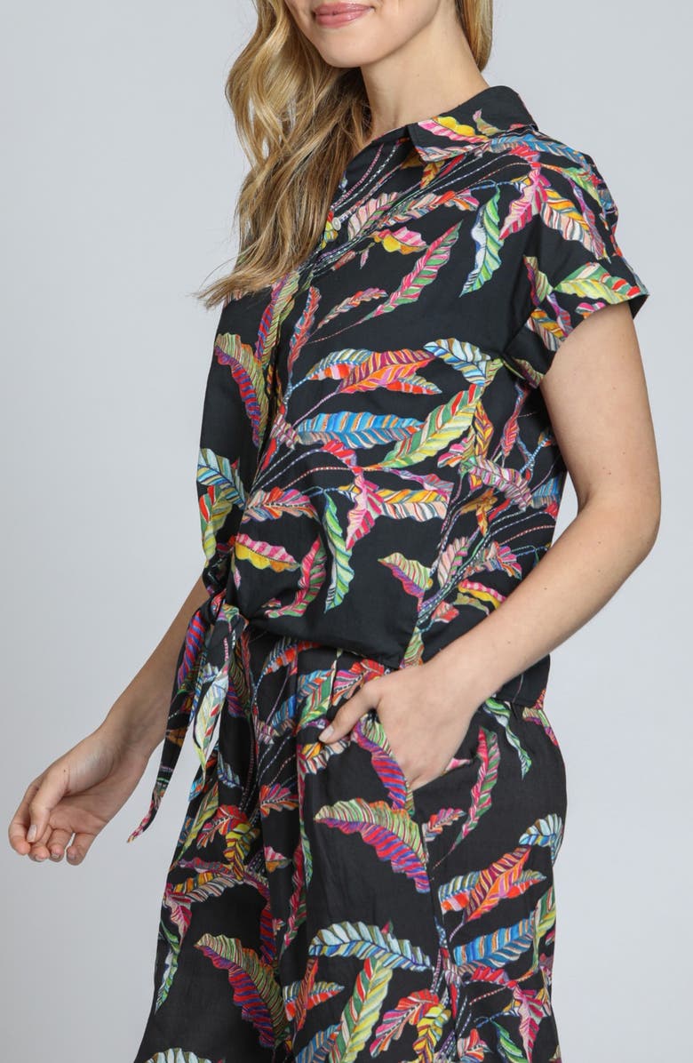 APNY Leaf Print Tie Waist Cotton Camp Shirt, Alternate, color, Black Multi