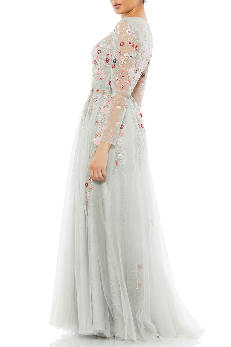 Embroidered Illusion High Neck Long Sleeve A Line Gown, Alternate, color, PLATINUM MULTI