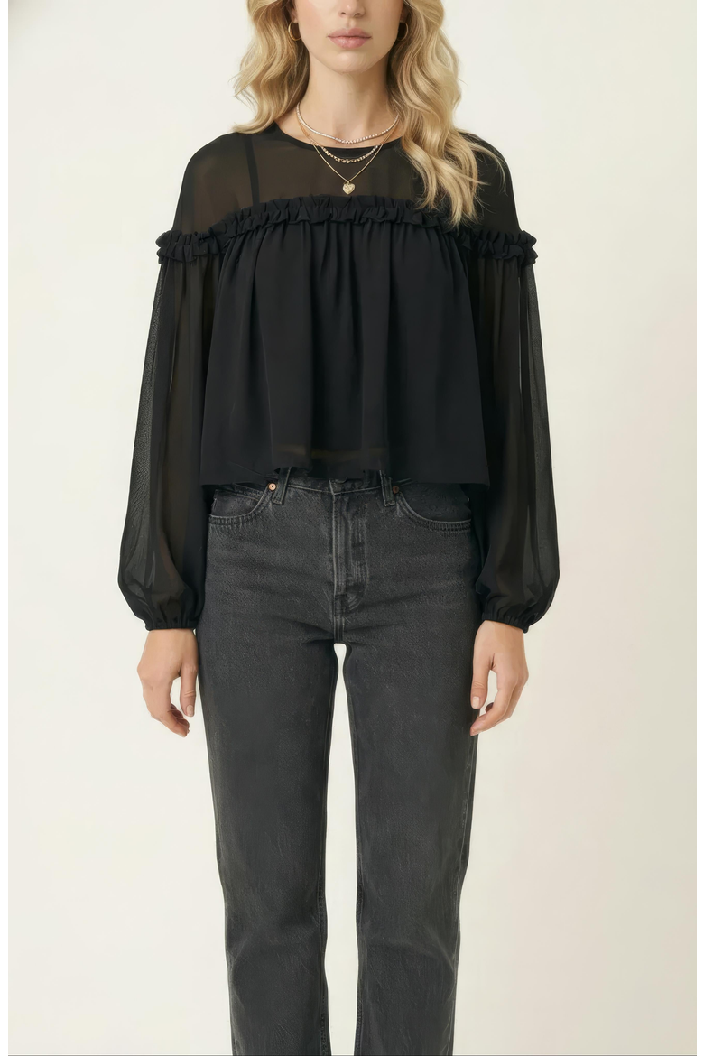 Sheer Long Sleeve Blouse with Ruffled Trim and Flowing Silhouette, Main, color, Black