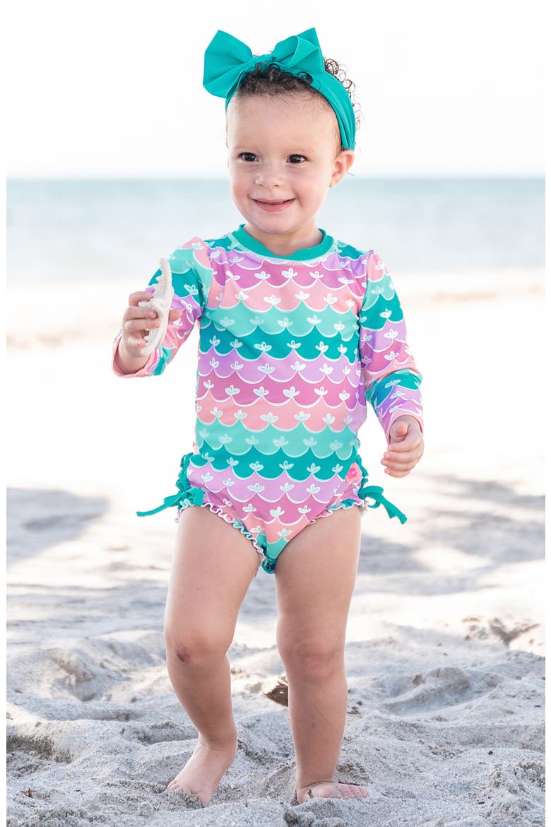 Mermaid One-Piece Rashguard Swimsuit, Alternate, color, BLUE RAINBOW