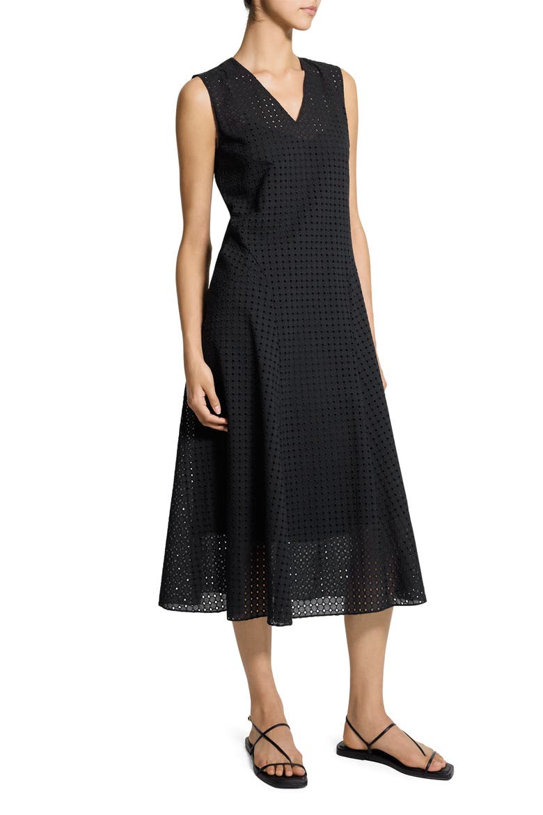 Eyelet Fit & Flare Midi Dress, Alternate, color, BLACK