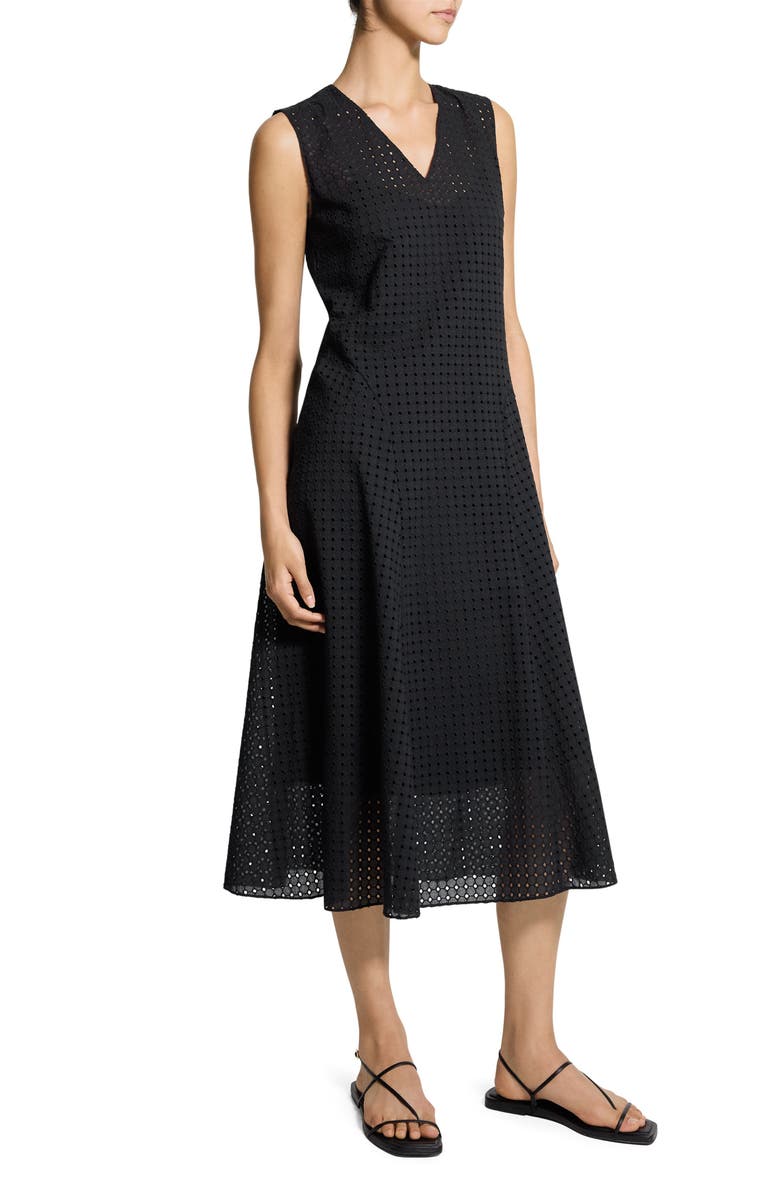 Theory Eyelet Embroidered Fit & Flare Cotton Midi Dress, Alternate, color, Black