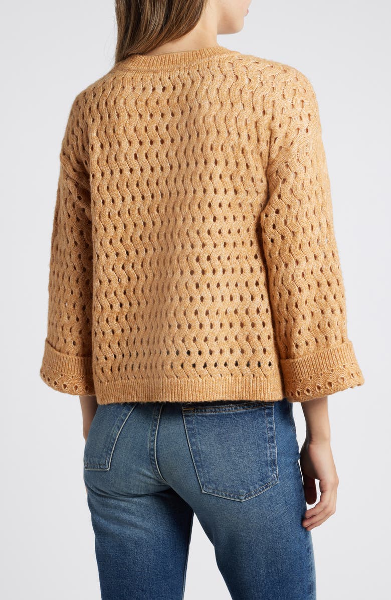 Wit & Wisdom Open Stitch Three-Quarter Sleeve Crewneck Sweater, Alternate, color, Heather Sahara Sand