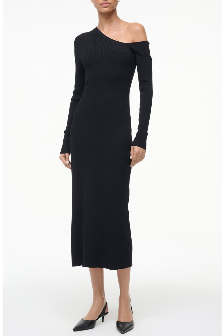 Lois One-Shoulder Long Sleeve Rib Dress, Main, color, BLACK