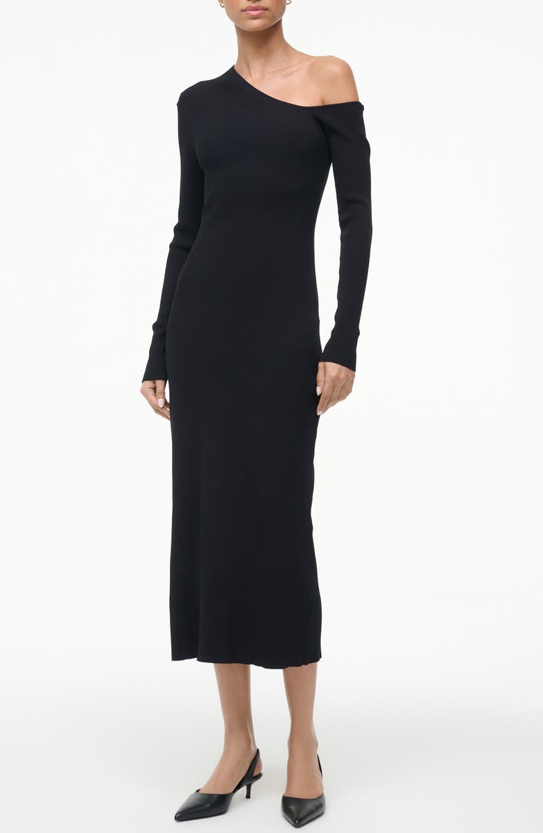 STAUD Lois One-Shoulder Long Sleeve Rib Dress, Main, color, Black