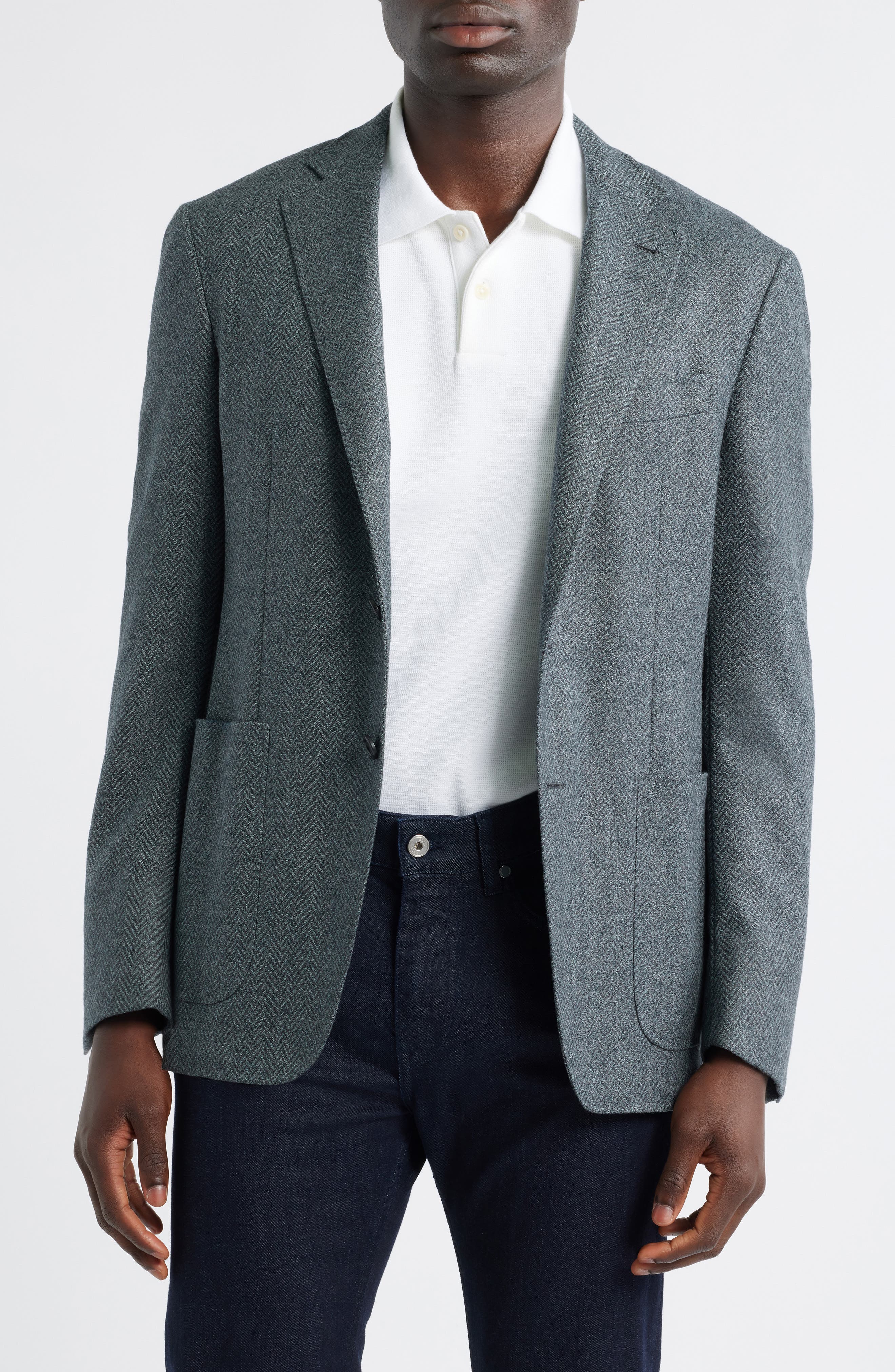 Canali Kei Trim Fit Grey Wool Herringbone Sport Coat