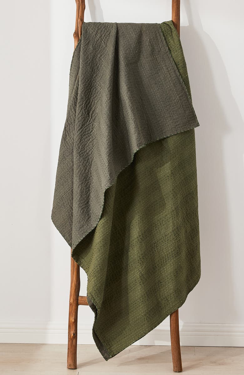 MELANGE HOME Kantha Reversible Cotton Throw Blanket, Alternate, color, Forest And Olive
