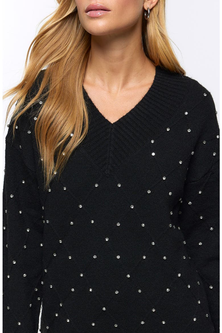 Leonie Crystal Embellished Long Sleeve Sweater Dress, Alternate, color, BLACK