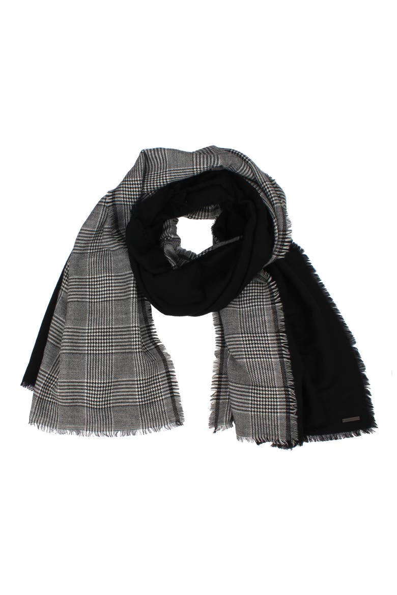 Plaid & Solid Wool Blend Fringe Scarf, Main, color, BLACK