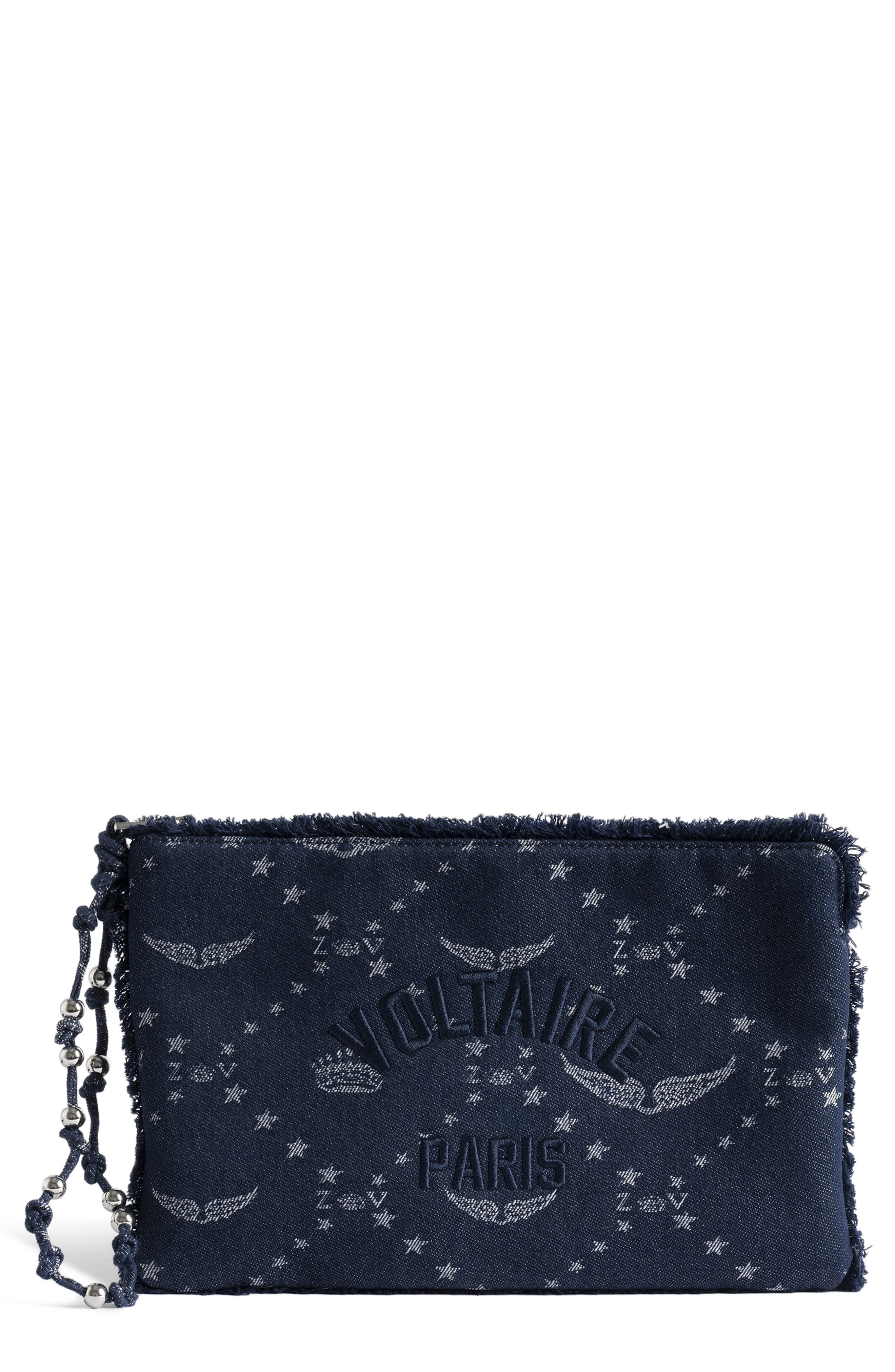 Zadig & Voltaire Angel Denim Clutch, Main, color, Silent