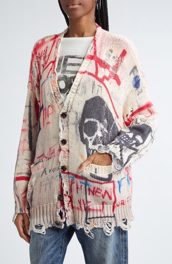 R13 Distressed Oversize Skull Graffiti Print Cardigan