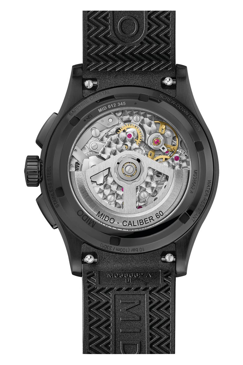 Multifort Skeleton Black Chronograph Automatic Rubber Strap Watch, 43mm, Alternate, color, BLACK