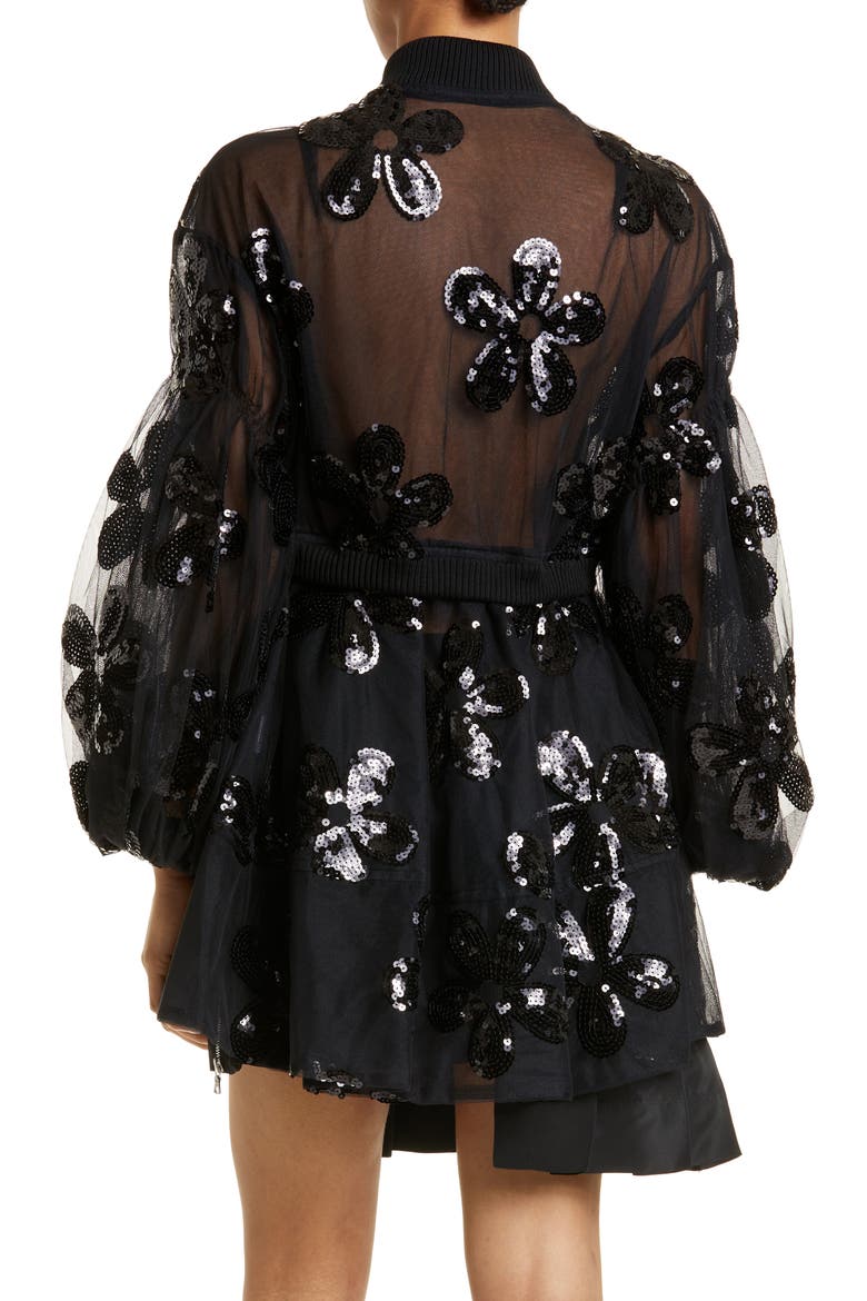Sequin Daisy Puff Sleeve Sheer Tulle Bomber Jacket, Alternate, color, BLACK/ BLACK