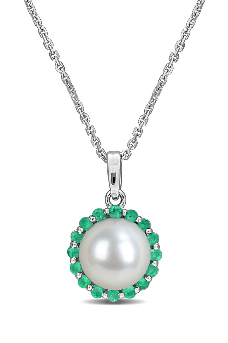 8-8.5mm Cultured Pearl & Emerald Pendant Necklace, Main, color, GREEN