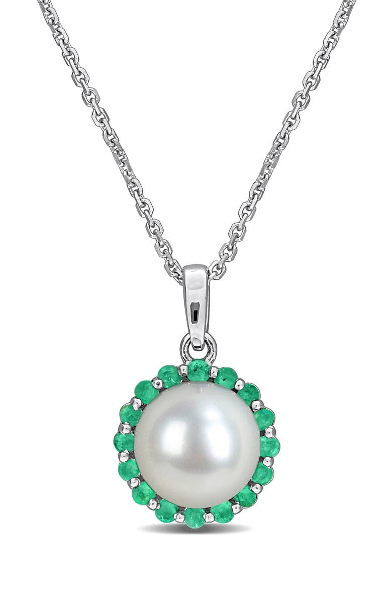 DELMAR 8-8.5mm Cultured Pearl & Emerald Pendant Necklace, Main, color, Green