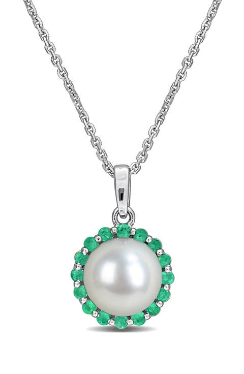 8-8.5mm Cultured Pearl & Emerald Pendant Necklace