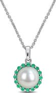 DELMAR 8-8.5mm Cultured Pearl & Emerald Pendant Necklace