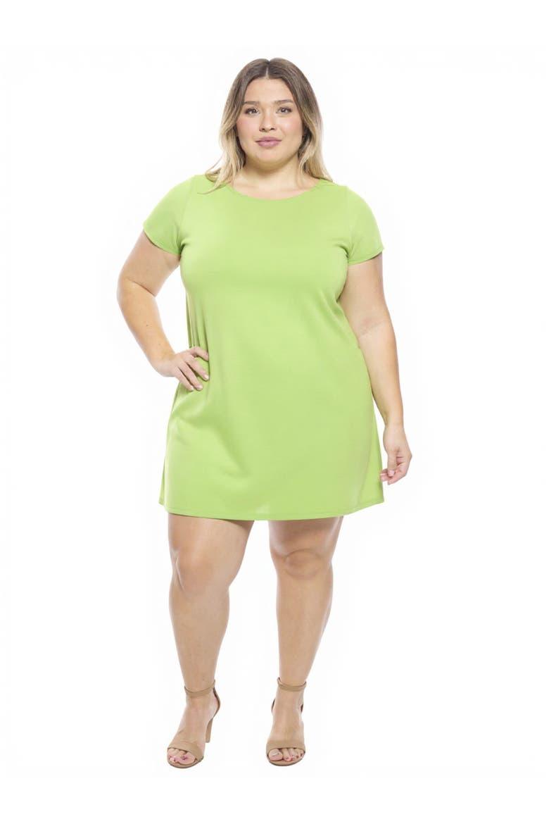 Plus Size Solid Short Sleeve Round Neck Mini Shift Dress, Main, color, Lime