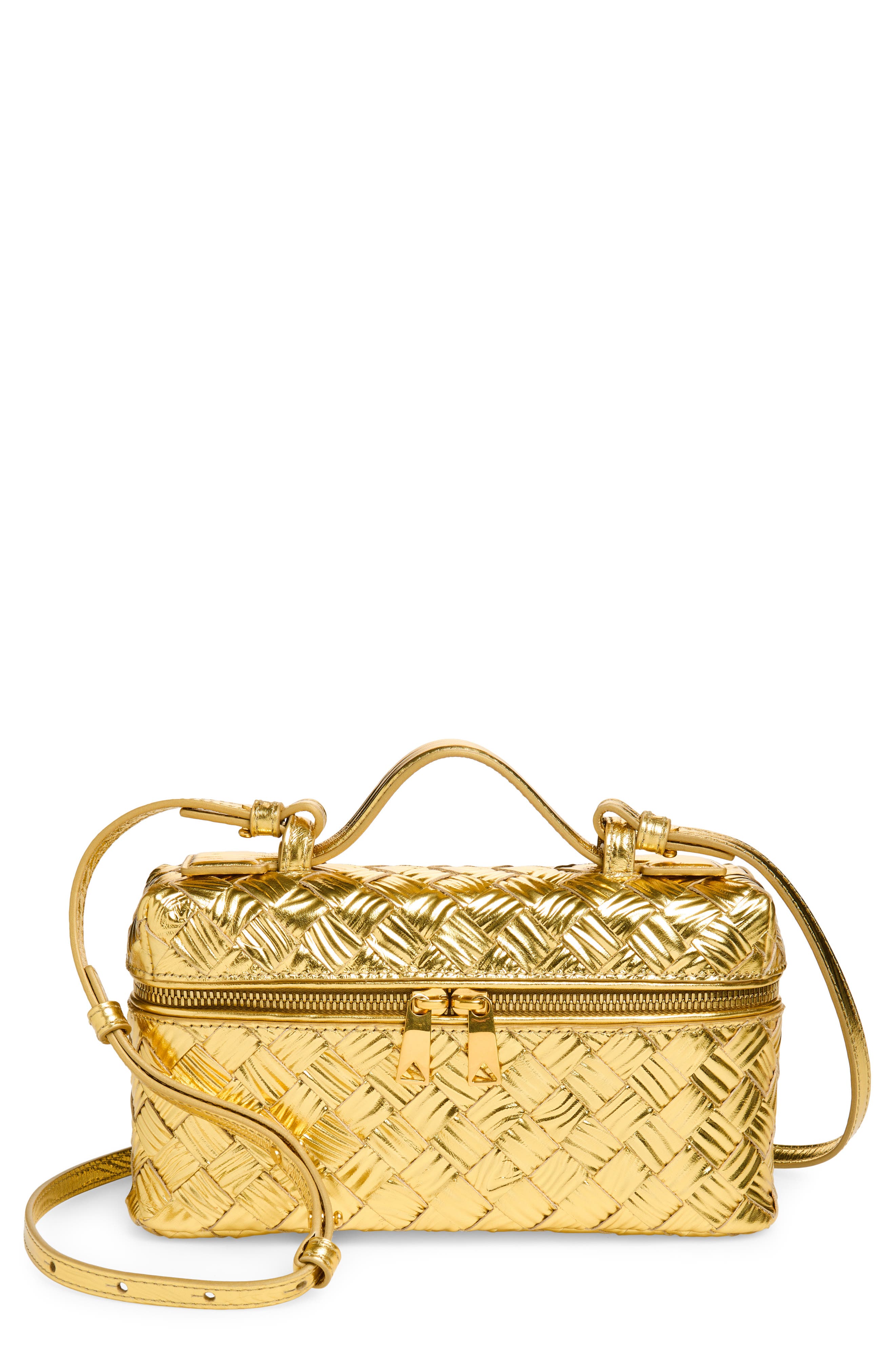 Bottega Veneta Bang Bang Intrecciato Metallic Leather Crossbody Vanity Case, Main, color, 8472 Gold / Gold