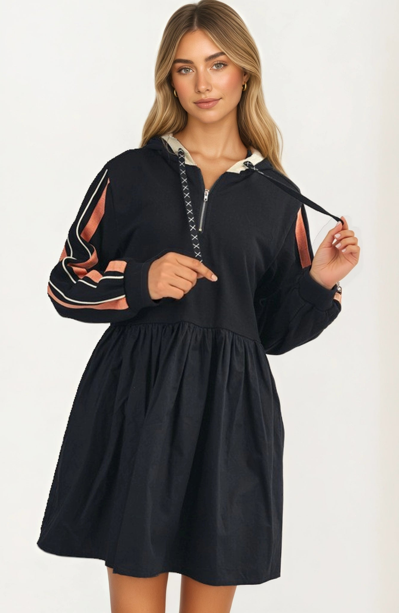 Knit and Lounge Sporty Hoodie Mini Dress with Half Zip and Contrast Sleeve Stripes, Alternate, color, Black