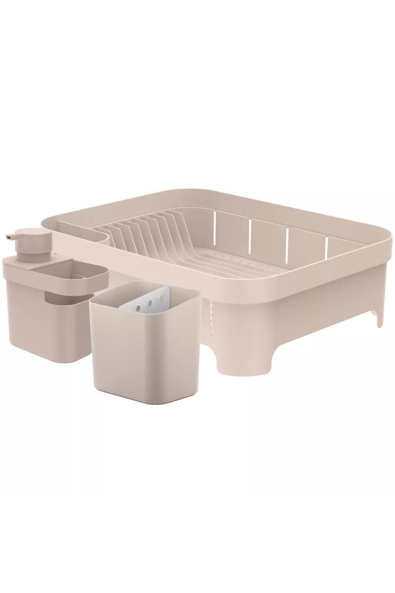 Durable Compact Kitchen Sink Organizer 3 Piece Set, Dish Rack, Cutlery Drainer & Soap Dispenser Caddy with Sponge Holder, Main, color, Beige