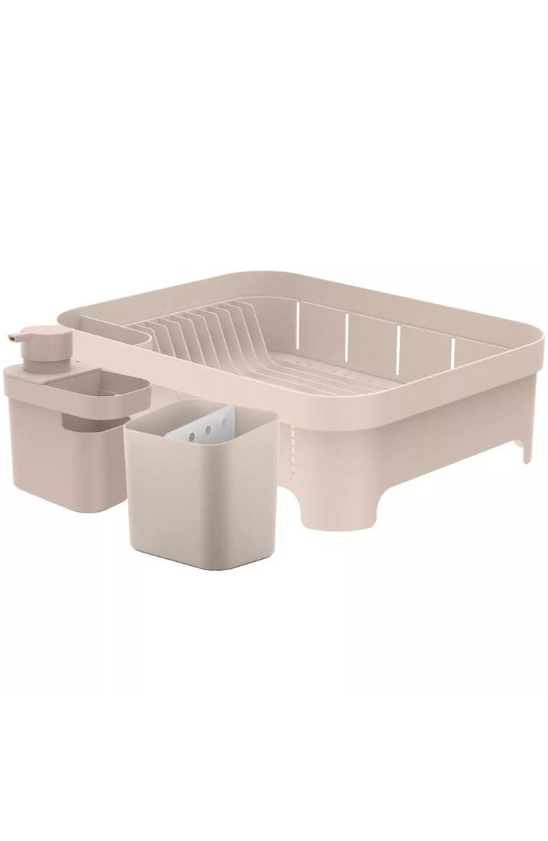 OU Durable Compact Kitchen Sink Organizer 3 Piece Set, Dish Rack, Cutlery Drainer & Soap Dispenser Caddy with Sponge Holder, Main, color, Beige