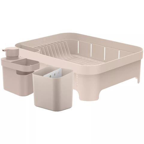 Durable Compact Kitchen Sink Organizer 3 Piece Set, Dish Rack, Cutlery Drainer & Soap Dispenser Caddy with Sponge Holder
