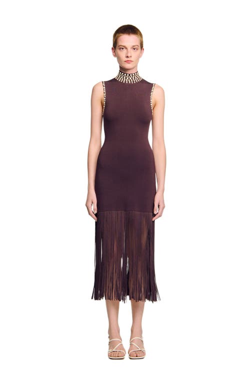 Sandro Embellished Fringe Midi Dress In Brown