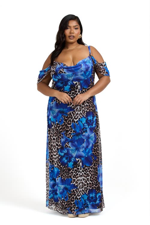 Fashion-szn Curve Plus Size Leopard & Floral Maxi Dress In Blue
