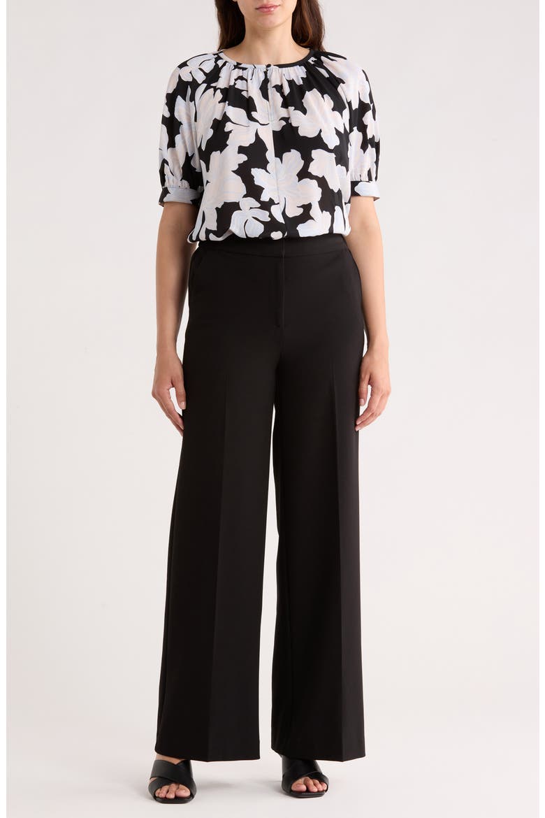 Gathered Neck Puff Sleeve Top, Alternate, color, BLACK- BLUE CHLOE ABSTRACT