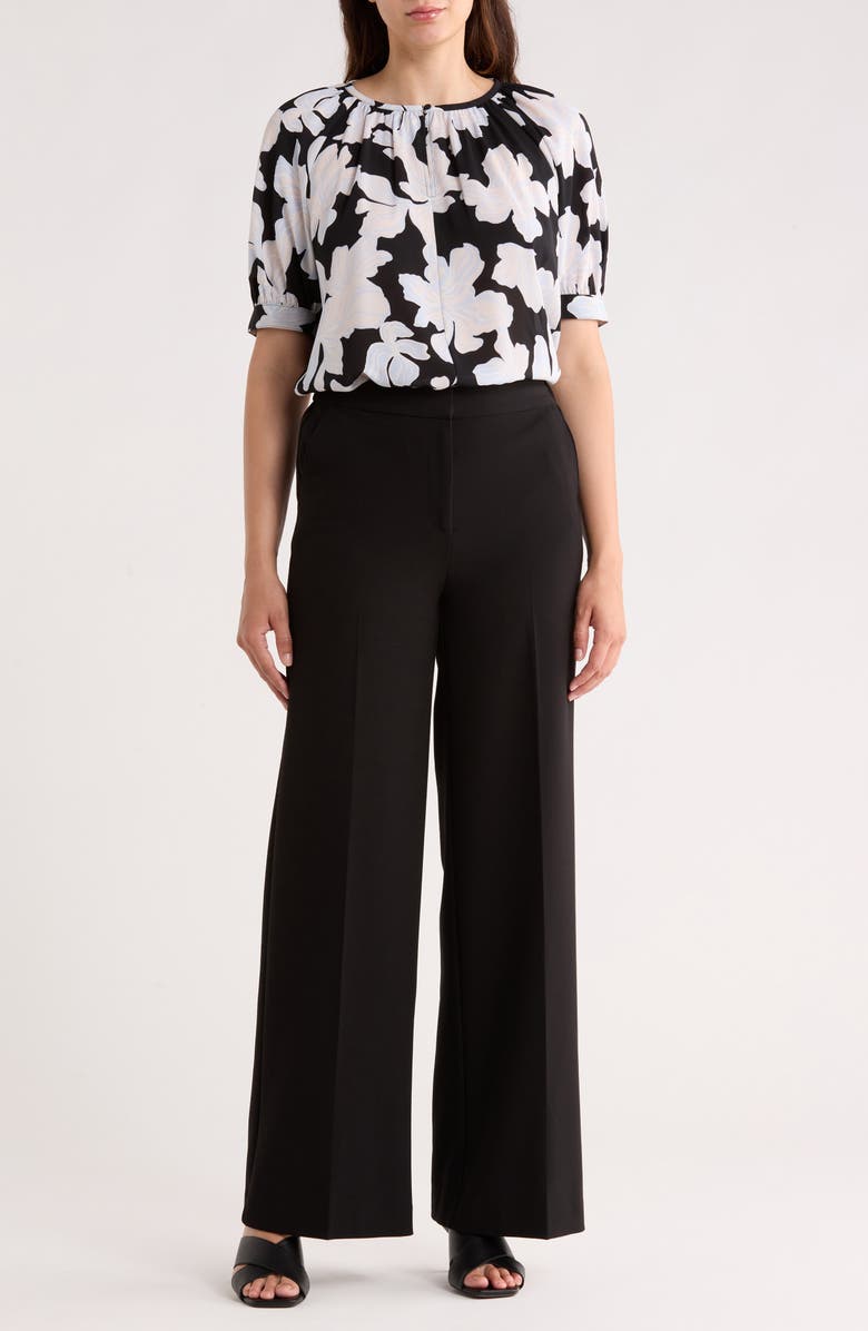 NORDSTROM RACK Gathered Neck Puff Sleeve Top, Alternate, color, Black- Blue Chloe Abstract