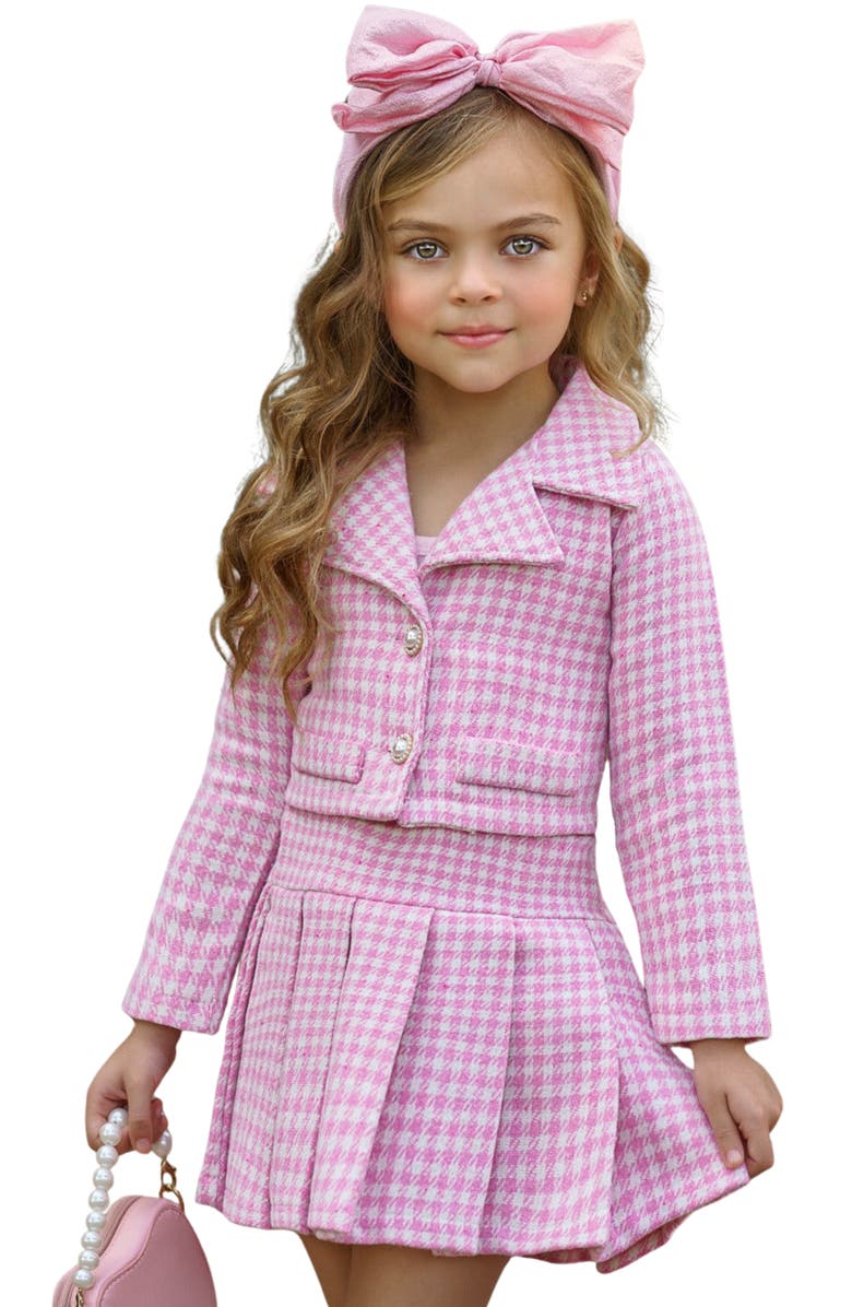Mia Belle Girls Girls Little Treasure Tweed Matching Blazer and Pleated Skirt Set, Main, color, Pink