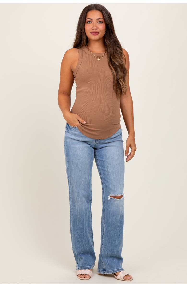 PinkBlush Distressed Knee Slim Fit Wide Leg Maternity Jeans, Main, color, Light Blue