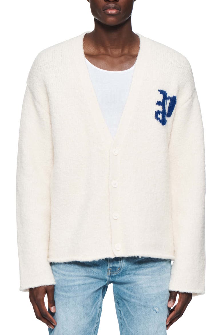 Relaxed Fit Intarsia Logo Cardigan, Main, color, OFF WHITE