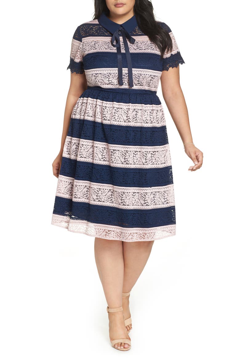 Stripe Lace Fit & Flare Dress, Alternate, color, NAVY STRIPE