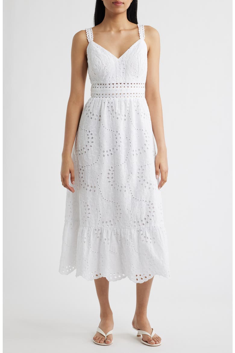 Tiah Eyelet Midi Dress, Main, color, RESORT WHITE