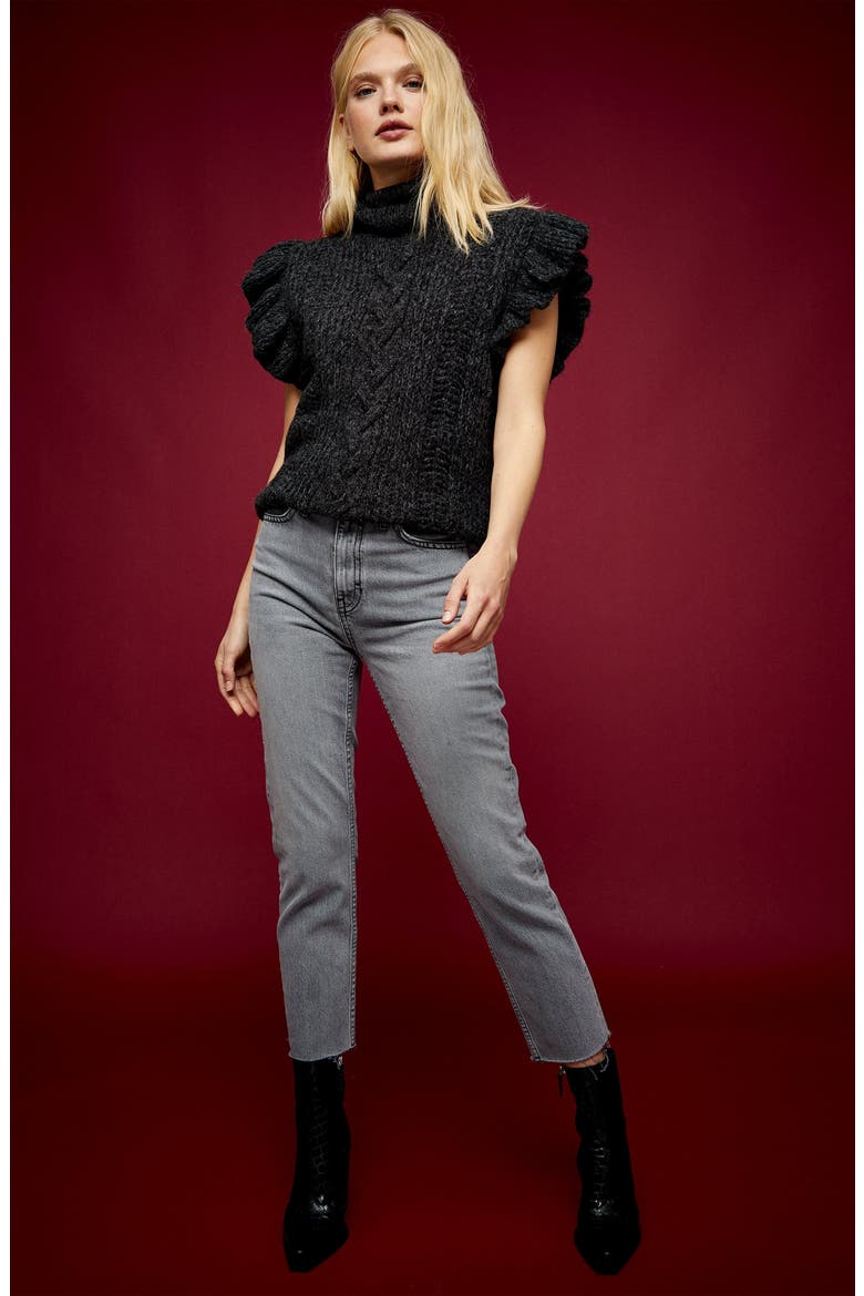 Flutter Sleeve Cable Knit Turtleneck Sweater, Alternate, color, CHARCOAL