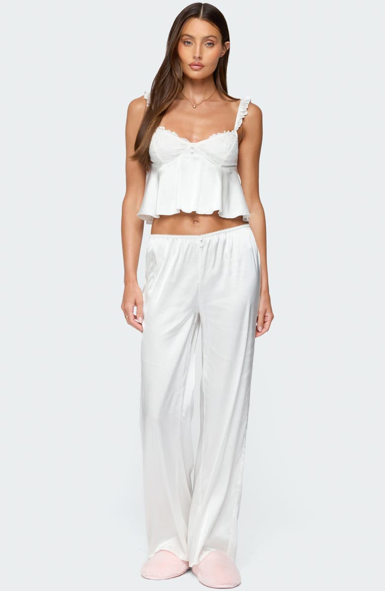 EDIKTED Izabella Satin Effect Wide Leg Pants, Alternate, color, White